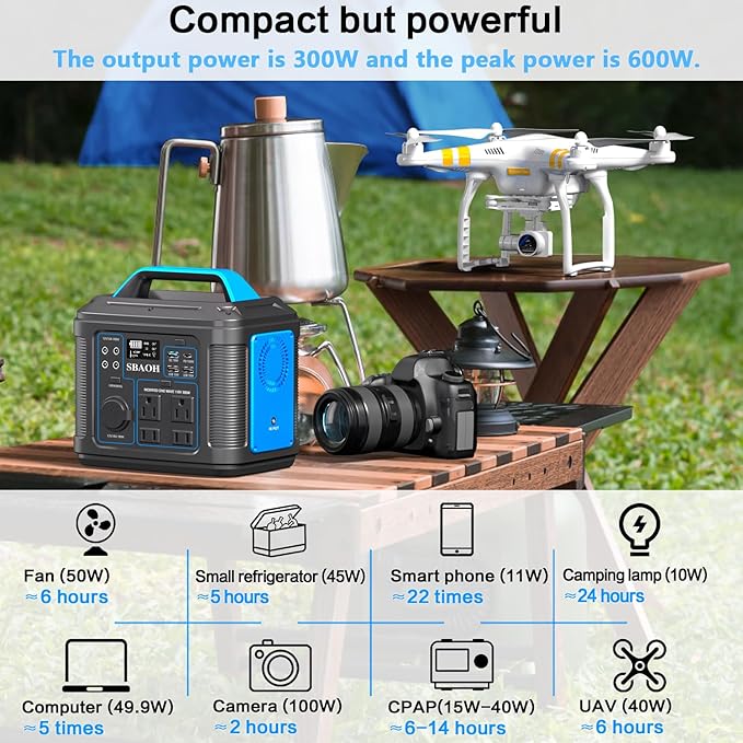 Portable Power Station, 300W 296Wh Generator Quick Charge / 110V AC Outlets/DC Ports and LED Flashlight, Backup for Home Outdoor Travel Camping Blackout blue
