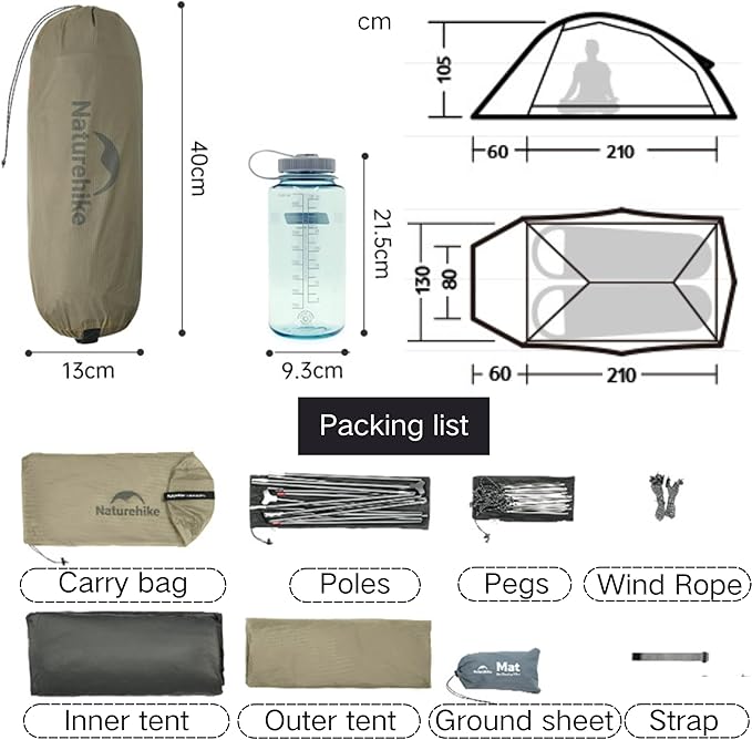 Naturehike 2024 Cloud up Pro Tent, Upgrade Ultralight Tents,1.23kg/2.7lbs,Double 1 Person Tent,for Cycle Camping,Backpacking,Hiking,Self-Standing, Construction,Easy Set up