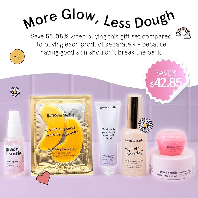 grace & stella Award Winning Skin Care Set - Birthday Gifts for Women, Travel Size Toiletries with Eye Masks, Hyaluronic Acid Serum, Lip Balm & More, Gift Baskets for Women, Vegan Self Care