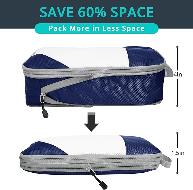 6 Set Compression Packing Cubes for Travel - Compressible, Lightweight, and Space-Saving Packing Cubes, Travel Essentials for Women, Navy