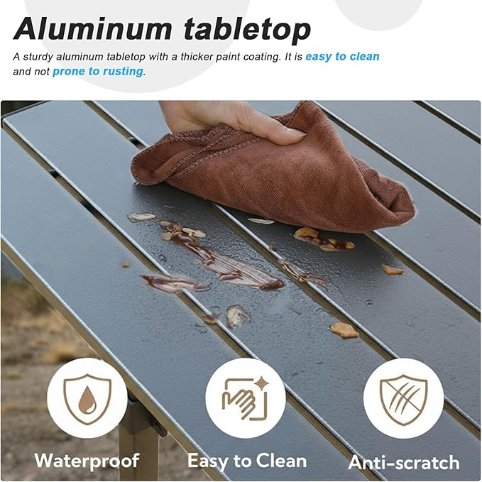 Folding Camping Table, Portable Lightweight Beach Tables for Sand Foldable, Aluminum Roll-up Folding Square Table for Outdoor Camping, Picnic, Card, Travel (Black with Storage Basket)