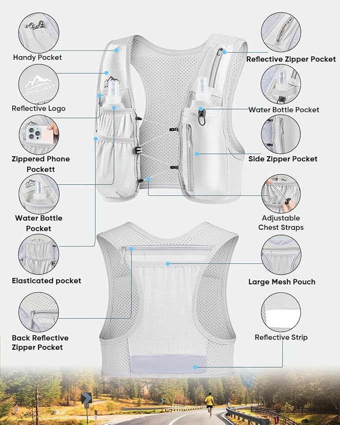 Running Vest for Women Men, USA Original Patent, Adjustable Chest Straps Running Hydration Vest with 500ml Soft Flask, Lightweight Reflective Hydration Backpack for Hiking Marathon