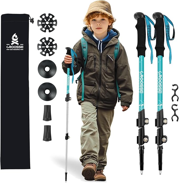 Lightweight Collapsible Kids Hiking Poles - Retractable Kids Hiking Stick, Telescoping Aluminum Trekking Poles 2 Pack, Adjustable Kids Ski Poles by Croosse