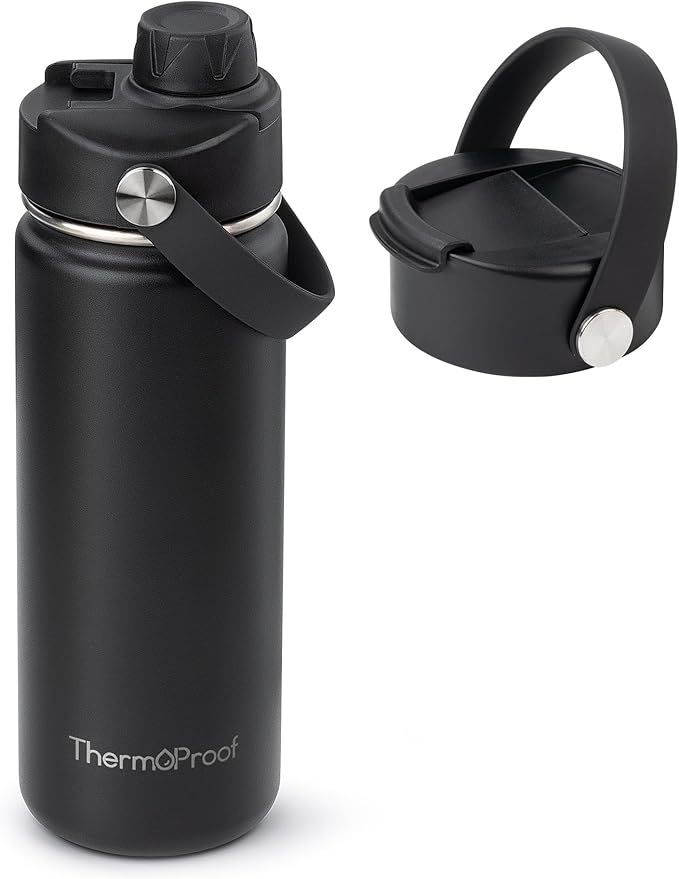 ThermoProof Insulated Water Bottle – Stainless Steel, Wide Mouth, Flip & Spout Lids, Leakproof, Dishwasher Safe, Reusable – Keeps Drinks Hot or Cold – for Adults & Kids – 18oz, Black
