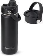 ThermoProof Insulated Water Bottle – Stainless Steel, Wide Mouth, Flip & Spout Lids, Leakproof, Dishwasher Safe, Reusable – Keeps Drinks Hot or Cold – for Adults & Kids – 18oz, Black
