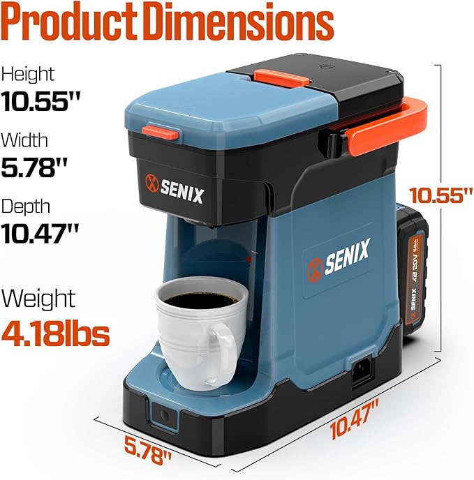 SENIX Coffee Maker Single Serve, Portable, 2-in-1 20V 5.0 Ah Battery, Charger & Power Cord, Compatible with K-Cups, Ground, Pods, 8oz Brew Size - for Travel, Camping, To-Go, Job Site, Home (CMX2-M4)