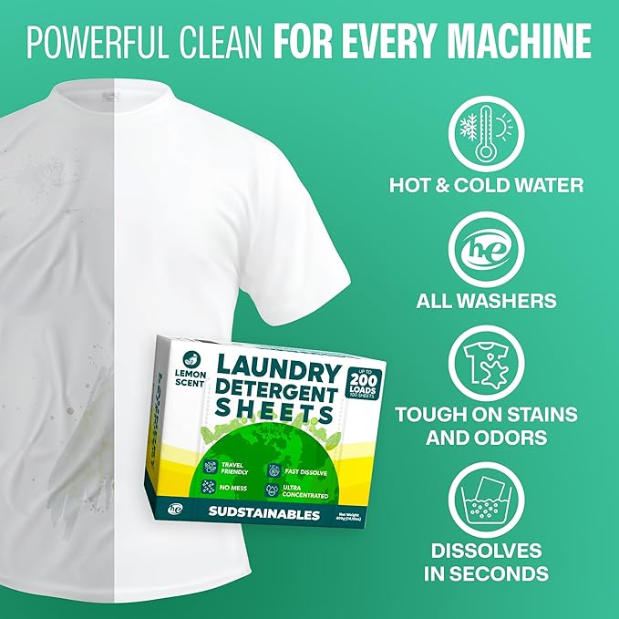Sudstainables Laundry Detergent Sheets 200 Loads – Dissolvable Laundry Sheet for Washing Machines, Compact Alternative to Liquid & Powder Detergent, Travel-Friendly Soap | Lemon