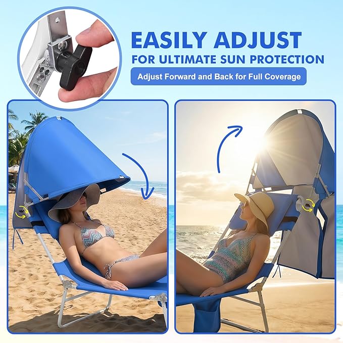 Backpack Beach Tanning Chair with Canopy and Face Hole, 6-Position Folding Lay Out Lounge Chair, UPF 50+ Wind-Resistant Sun Shade, Portable Recliner for Sunbathing, Outside, Poolside, Lawn, Patented