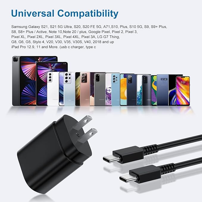 Type C Charger, 2Pack 25W PD USBC Wall Charger Super Fast Charging Block& 10ft Android Phone Cable Cord for Samsung Galaxy S25 S24 S23 S22 S21 S20 (Plus Ultra)/Note 20 10 9 8/ S10 S9 S8 Black