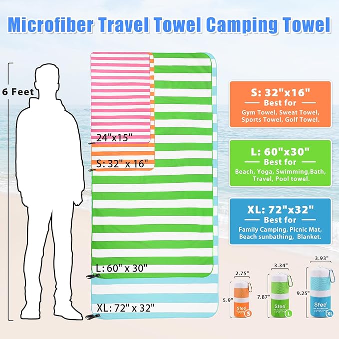 Sfee 2 in 1 Microfiber Oversized Beach Towel, Quick Dry Towel Travel Towel Camping Towel Super Absorbent Compact Lightweight Sports Gym Towels for Beach,Gym, Hiking, Pool, Backpacking, Bath, Yoga