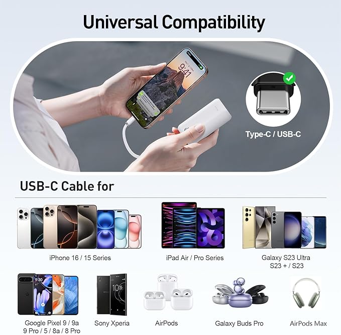 iWALK Mini Portable Charger 10,000mAh, 22.5W USB-C Fast Charging Power Bank with Built-in Cable, Travel Essential Ultra-Small Battery Pack Compatible for iPhone 16/16 Pro/15, Samsung, Google, White