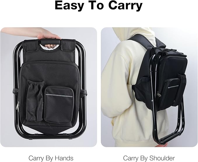 Lightweight Backpack Stool Cooler Chair Heavy Duty 350lbs for Adults, Folding Camp Stool with 15L Insulated Cooler for Fishing, Black