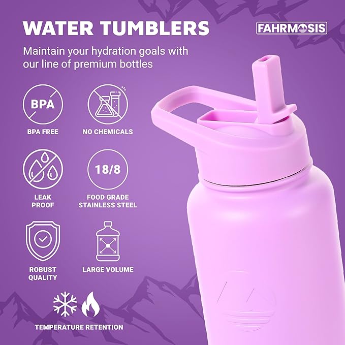40 Oz Water Bottle with Strap Stainless Steel Sports Water Bottle with 3 Lids (Straw, Chug and Flip Lid) Insulated Leak Proof Metal Jug for Men & Women - Lavender