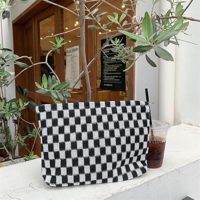 PAZIMIIK Knitted Checkered Makeup Bag Large Zipper Make Up Accessory Pouch for Purse Cosmetic Brush Bag for Travel Essential,Black