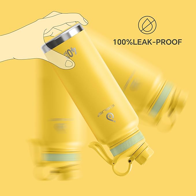 IDEUS Insulated Stainless Steel Water Bottle with 2 Leak-Proof Lids, Thermal Water Flask for Hiking Biking, 40oz, Bright Yellow