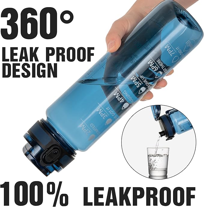OLDLEY Water Bottle 32oz, Durable and Leakproof Water Bottles Motivational with Time Marker, Tritan, BPA Free, Wide Mouth, Gym, Travel, Home, School, Office, Midnight Blue (1 Bottle)