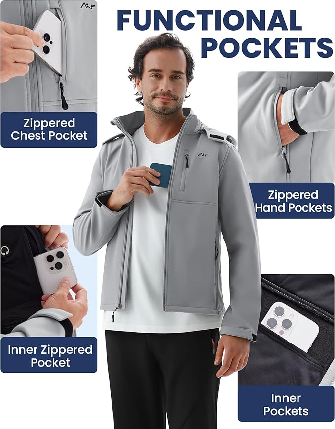 WULFUL Men's Softshell Jacket Waterproof Lightweight Insulated Windbreaker Fleece Lined Rain Shell Jacket for Hiking Travel