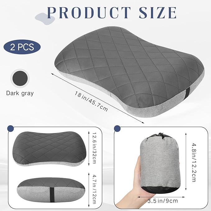2 Pack Inflatable Travel Camping Pillow with Removable Cover Backpacking Blow up Neck Air Pillow Compressible for Lumbar Support Travel Hiking(Dark Grey)