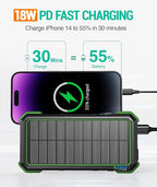 BLAVOR Solar Power Bank, PD18W QC3.0 Fast Charging 10W Wireless Charger 20000mAh Solar Powered Powerbank with Type C Input/Output, IPX5 Waterproof, Camping Flashlight, Compass, Carabiner