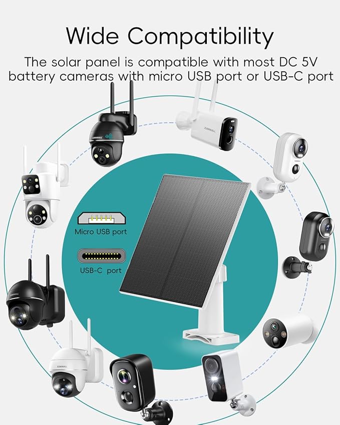 ZUMIMALL 5W Solar Panel for Security Cameras Wireless Outdoor, with Micro USB & Type-C Port, High-Efficiency Solar Power, IP66 Weatherproof, 360° Adjustable Bracket, 10ft Cable