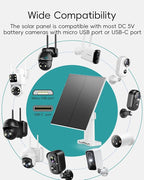 ZUMIMALL 5W Solar Panel for Security Cameras Wireless Outdoor, with Micro USB & Type-C Port, High-Efficiency Solar Power, IP66 Weatherproof, 360° Adjustable Bracket, 10ft Cable