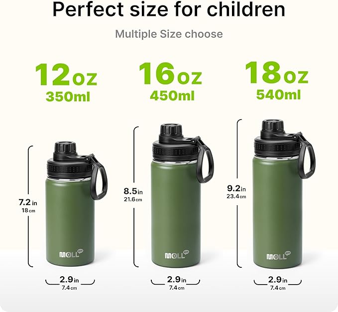 Kids Water Bottle for School 16 oz Stainless Steel Double Wall Vacuum Insulated Sports Water Bottle Leak Proof-Reusable Metal Flask with Silicone Boot for Travel, BPA-Free(Grass Green)