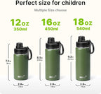 Kids Water Bottle for School 16 oz Stainless Steel Double Wall Vacuum Insulated Sports Water Bottle Leak Proof-Reusable Metal Flask with Silicone Boot for Travel, BPA-Free(Grass Green)