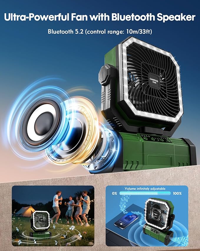 Camping Fan with Bluetooth Speaker Portable Fan,20000mAh Rechargeable Battery Powered Fans, 360° Hanging Hook for Outdoor Picnic Tent Beach Travel Barbecue, Green