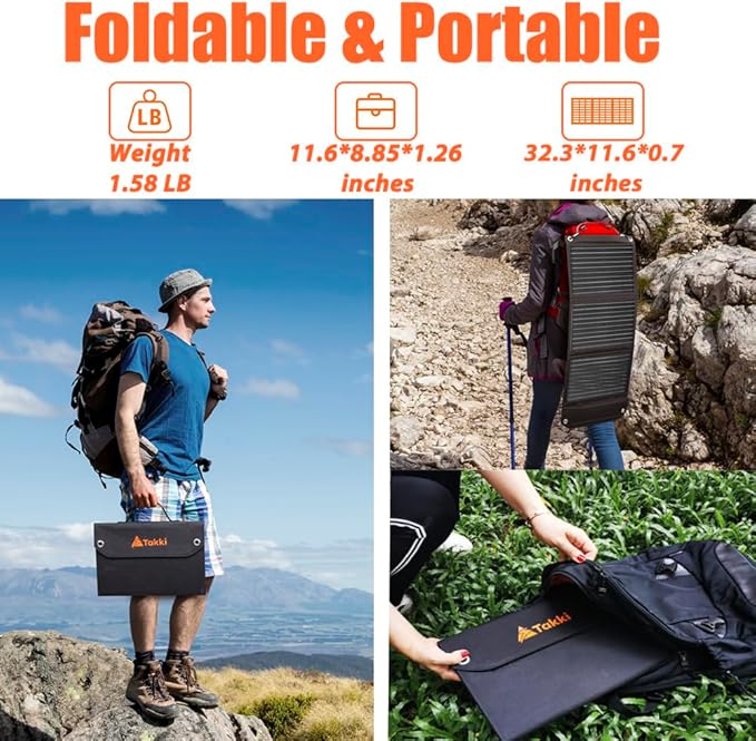 Takki 30W Solar Panel, Foldable Solar Panel Battery Charger Kit with USB DC Type-C Ports for Phones Laptop Portable Power Station Generator Camping Tent Home Off-Grid RV Outdoor, 10 Connectors