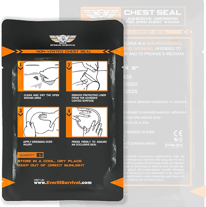 EVERLIT Occlusive Chest Seal Non-Vented Adhesive Dressing for Open Chest Injury and Sucking Chest Wound (6 Count)