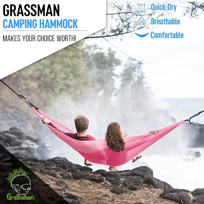 Grassman Camping Hammock Double & Single Portable Hammock with Tree Straps, Lightweight Nylon Parachute Hammocks Camping Accessories Gear for Indoor Outdoor Backpacking, Travel, Hiking, Beach