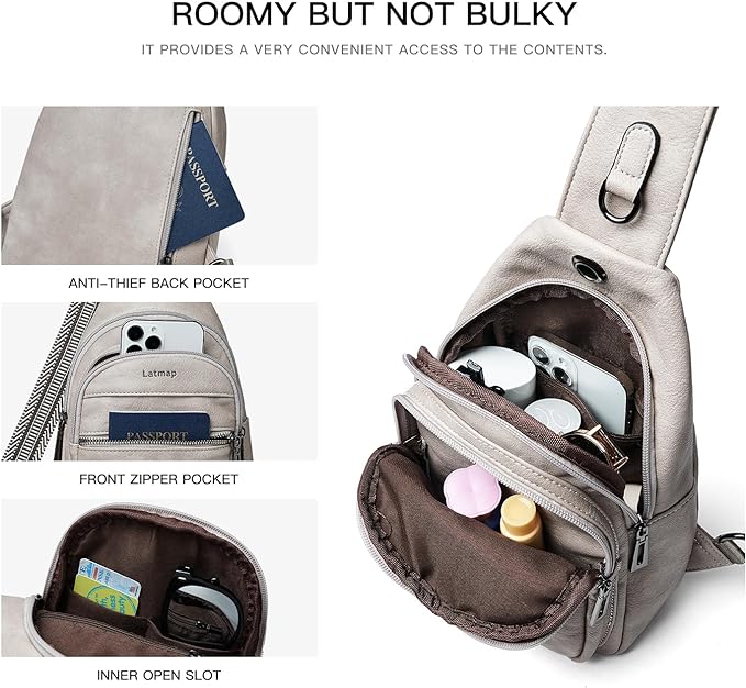 7L Sling Bag For Women Faux Leather Anti Theft Small Casual Daypack Backpack Fanny Pack Crossbody Chest Bags Purse Waterproof Light Grey