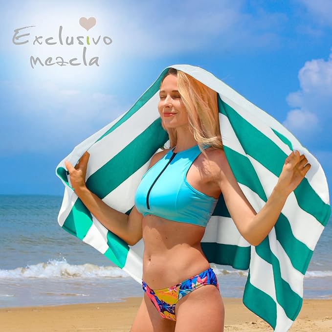 Exclusivo Mezcla 4 Pack Cotton Large 30x60 Inches Soft Cabana Stripe Thick Beach Towel, Super Absorbent Travel Bath Pool Towel (Turquoise)