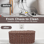 Cable Management Box, Handmade Rattan Cable Organizer, 2 Open Slots Cords Hider Box, Under Desk Cord Organizer for Computer Router USB Hub & Power Strip, Patent Pending, 15.9" x 6.5" x 6.5", Brown