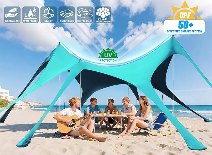 Beach Tent Sun Shelter & Portable Beach Canopy UPF50+ Uv Protection, Beach Shade Canopy/Cabana with 8 Sandbags, 4 Stability Poles, Sand Shovel Ground Pegs for Outdoor Camping