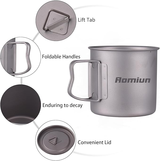 Titanium Camping Cookware Cup/Burner Combination 500ml Titanium Cup with Foldable Handle & Lid Spork Spoon Alcohol Stove Windscreen, Camping Cooking Stove and Cup Set for Backpacking