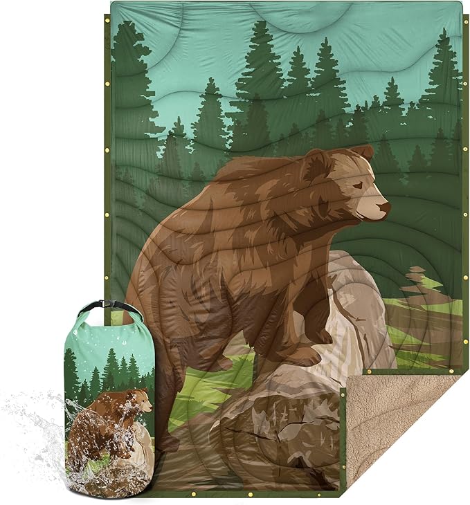 Outdoor Camping Blanket with Sherpa Lining, Extra Warm Thick Camp Blankets and Puffy Ultralight Soft Poncho DWR Camping Quilt for Cold Weather, Adventure, Sleeping, Backpacking 78"x 56"