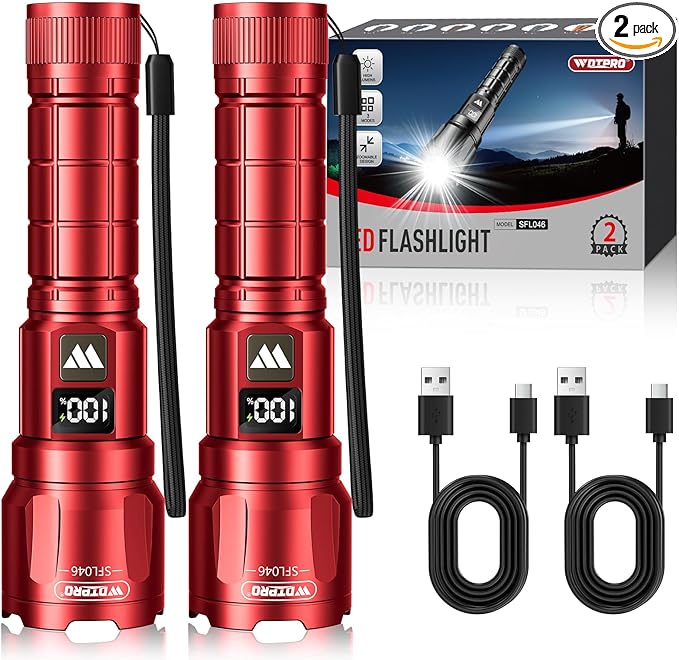 WdtPro LED Rechargeable Flashlight 2 Pack, Super Bright Zoomable 6000 Lumens Tactical Flashlight with LCD Digital Display, 3 Mode Waterproof Flash Light for Camping, Hunting & Home Emergency - Red