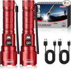 WdtPro LED Rechargeable Flashlight 2 Pack, Super Bright Zoomable 6000 Lumens Tactical Flashlight with LCD Digital Display, 3 Mode Waterproof Flash Light for Camping, Hunting & Home Emergency - Red