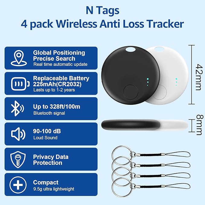 Tracker Tag for Android or iOS, Tracker Tags-4 Pack Smart Tag, Dual System Both iOS and Android Tracker Tags, Apple Find My or Google Find Hub App, Keys Finder Item Locator for Wallets (White&Black)