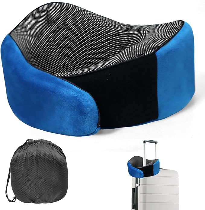 Travel Pillow, 100% Pure Memory Foam Travel Neck Pillow Airplane Neck Support Ergonomic Design for Traveling Suitable for Airplanes,Offices and Cars-Blue