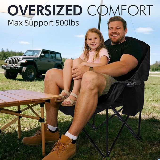 Oversized Camping Chairs for Adults - Heavy Duty Padded Outdoor Folding Lawn XL Camp Chair with Cup Holder Cooler Pockets for Outside Sports Beach Fishing Garden Portable Supports 500lbs, AllBlack