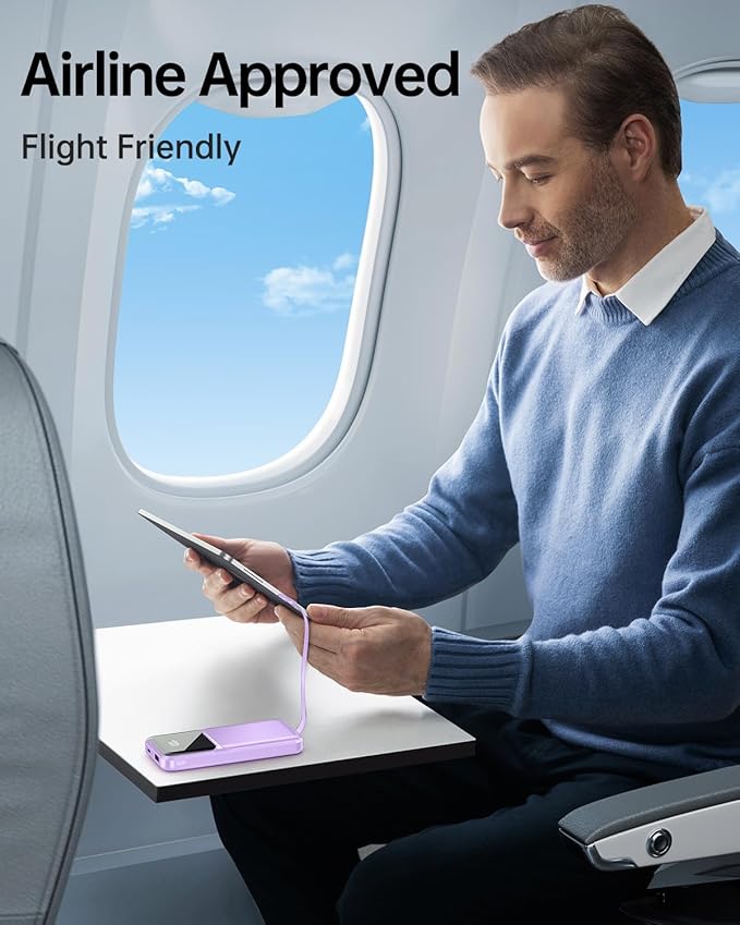 RONEGN Portable Charger with Built in Cable -20000mAh Fast Charging Power Bank USB C Slim 22.5W LED Display Battery Pack 5 Outputs & 3 Inputs for Travel Essentials iPhone Samsung Phones Purple