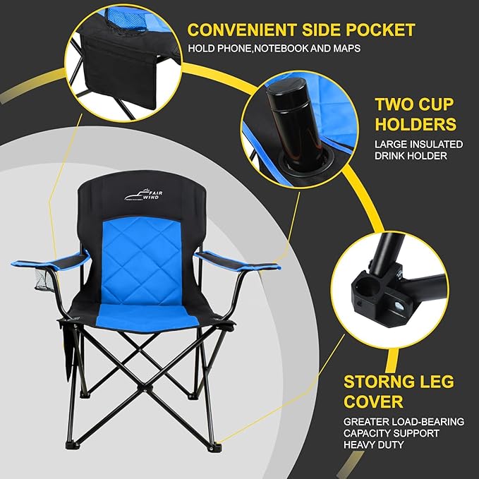 FAIR WIND 2 Pack Oversized Fully Padded Camping Chair Heavy Duty Quad Fold Arm Chair Support 350 LBS with Cup Holder, Collapsible Lumbar Back Chair Portable for Outdoor, Blue