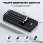 Portable Charger with Built in Cables,High Speed Power Bank 10000mAh Travel Battery Pack 5 Outputs 3 Inputs Portable Phone Charger Backup Battery for iPhone, Samsung, iPad,Tablets (Black)