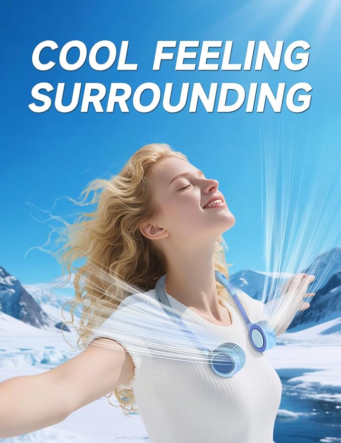 Portable Neck Fan, Hand-Free Fan, 5 Speeds, Foldable, Twistable, Lightweight, Rapid Cooling, Fashion, Quiet, Rechargeable, Summer Gift (Fluid Ice Blue)