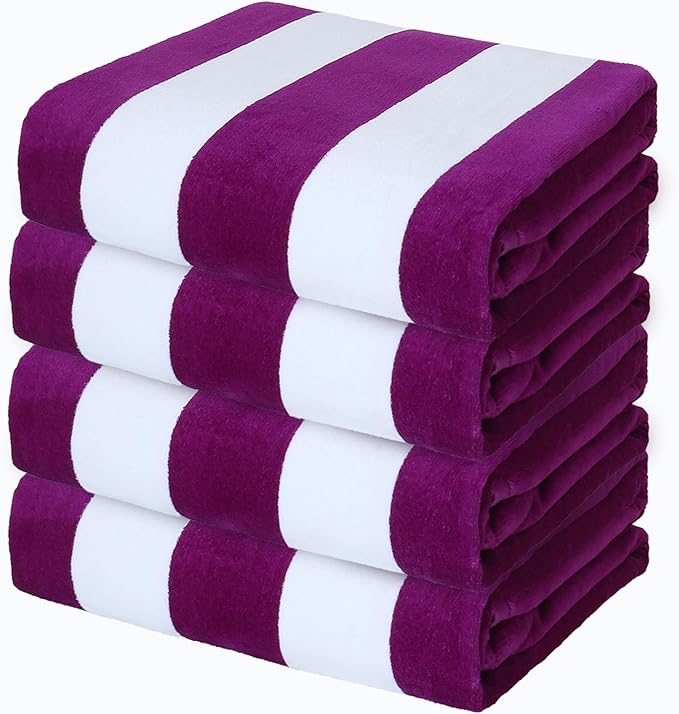 Exclusivo Mezcla 4 Pack Cotton Large 30x60 Inches Soft Cabana Stripe Thick Beach Towel, Super Absorbent Travel Bath Pool Towel (Purple)