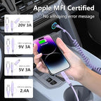 Coiled 4-in-1 USBA/Type C to USB-C/Lightning Cable Multi Combo for Apple Carplay& Android Auto,Purple 3A 60W Fast Charge & Data Sync Car Charger Cord for iPhone 15/14/13/12，Samsung Galaxy,Android-MFi