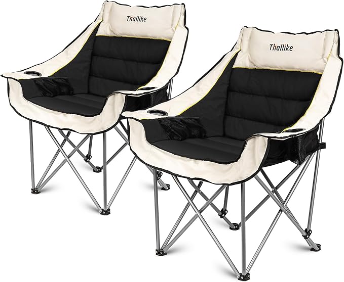 Oversized Camping Chair, Portable Folding Padded Camping Chairs with Cup Holder and Carry Bag, Heavy Duty Outdoor Camping Chairs for Adults, Up to 400Lb, for Fishing (Black-2 Pack)