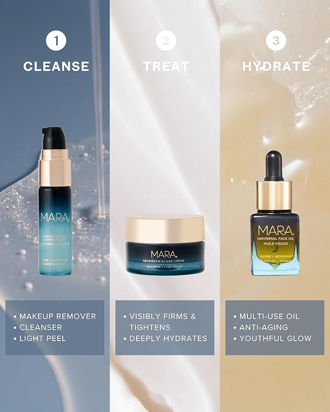 MARA Sea the Glow Discovery Set – Travel Size Skincare Set with Cleanser, Face Oil & Firming Moisturizer – Hydrating, Anti-Aging Routine to Cleanse, Plump & Glow (3-Piece Kit)